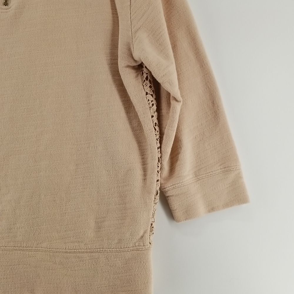 Anne Taylor Sweater Women's Tan 3/4 Sleeve Rear 1/4 Zip Crocheted Front Cotton - Picture 9 of 11